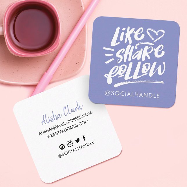 Like Share Follow Brush Script Violet Social Media Square Business Card (Creator Uploaded)