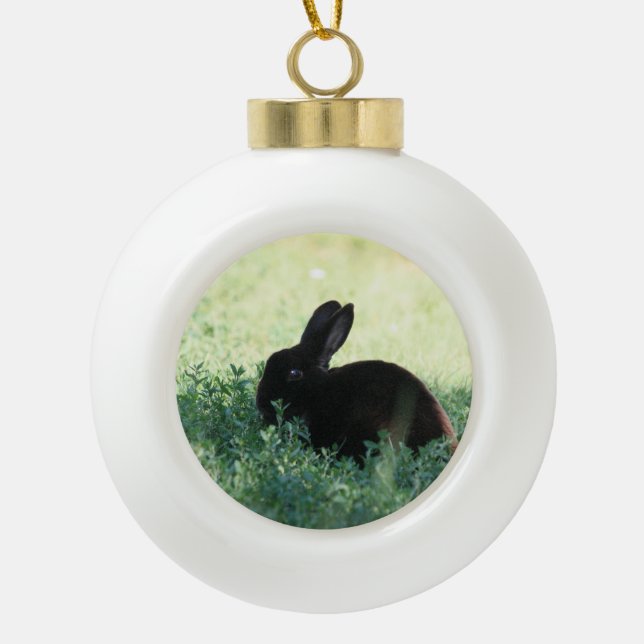 Lil Black Bunny Ceramic Ball Christmas Ornament (Front)