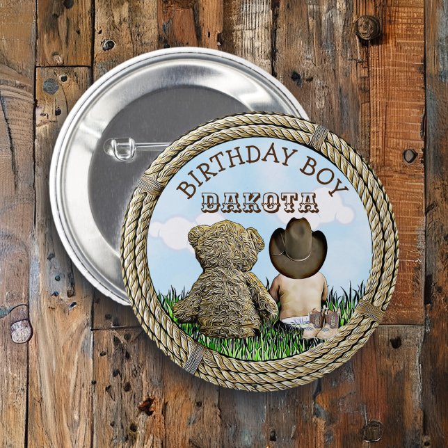 Lil' Cowboy and Teddy Bear Boy's Birthday Boy 2 Inch Round Button (Creator Uploaded)