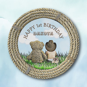 Lil' Cowboy and Teddy Bear Boy's First Birthday Paper Plate
