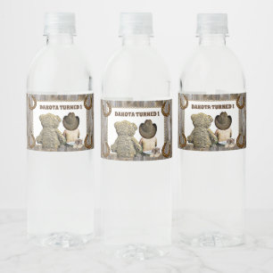 Lil' Cowboy and Teddy Bear First Birthday Water Bottle Label