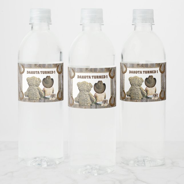 Lil' Cowboy and Teddy Bear First Birthday Water Bottle Label (Bottles)