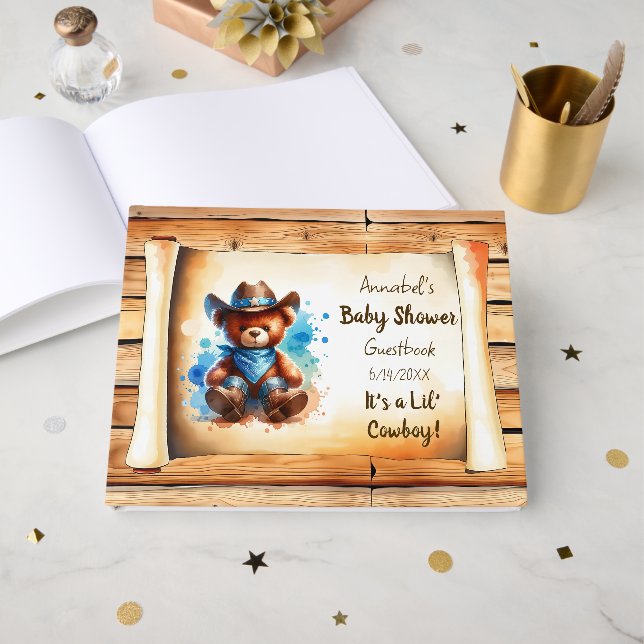 Lil' Cowboy Personalized Boy's Baby Shower Guest Book (Front Open)