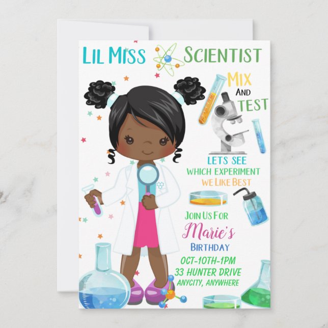 Lil Miss Scientist Birthday Invitation Card (Front)