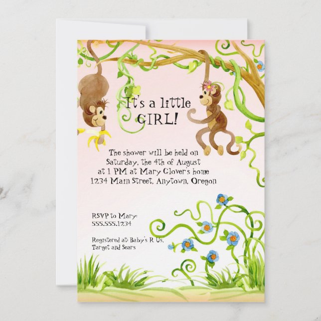 Lil Monkey, Invitation Baby shower fille (Devant)
