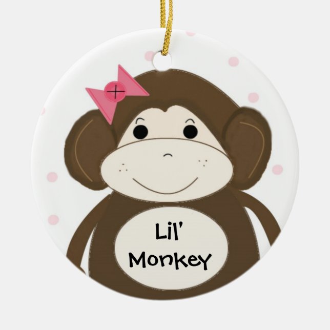 Lil' Monkey with a Pink Hair Bow Ceramic Ornament (Front)