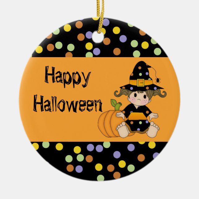 Lil Polka Dot Witch with Pumpkin Ceramic Ornament (Front)