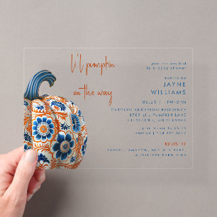 Li'l Pumpkin Blue and Orange Baby Shower Acrylic Invitations