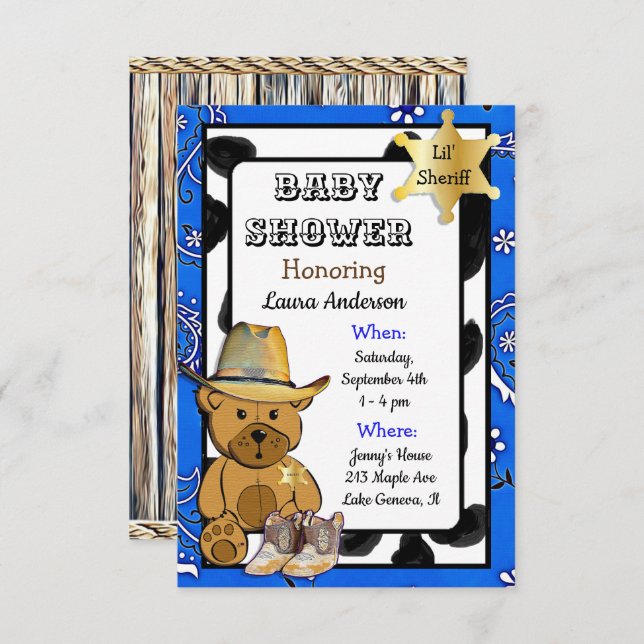 Lil' Sheriff Teddy Bear Cowboy  Baby Shower Invitation (Front/Back)