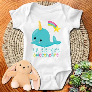 Lil' Sister's Sweetheart Blue Kawaii Narwhal Baby Bodysuit