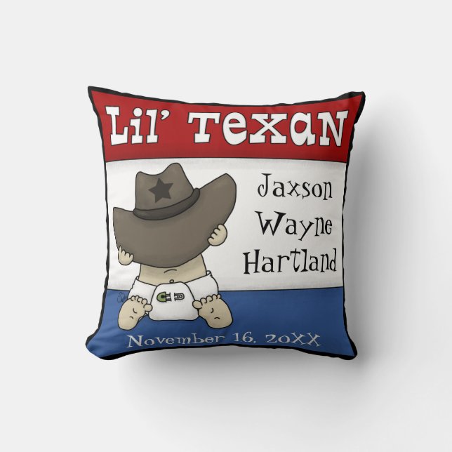 Lil’ Texan Personalized Name and Birthdate Throw Pillow (Front)
