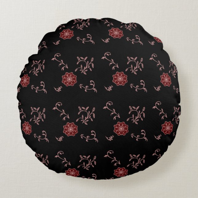 Lila blush and wine flower with leaves on black round pillow (Front)