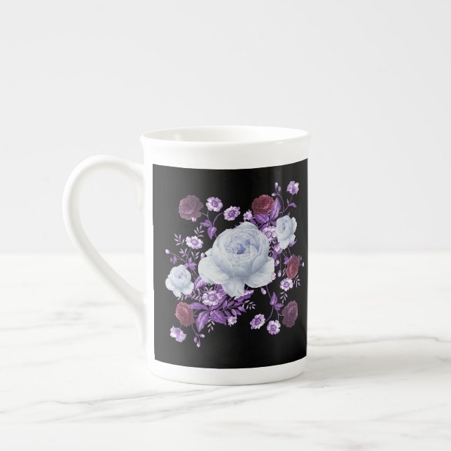 LILA FLOWERS,BLACK BACKGROUND BONE CHINA MUG (Left)