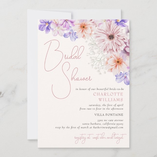 Lila Purple Bright Colourful Flowers Bridal Shower Invitation (Front)
