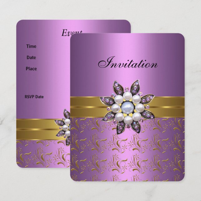 Lila Violet Or Invitation Jewel Fleur Élégant Clas (Devant / Derrière)