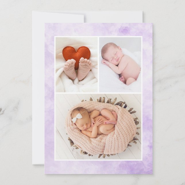 Lilac 3 Photo Collage Birth Announcement Card (Back)