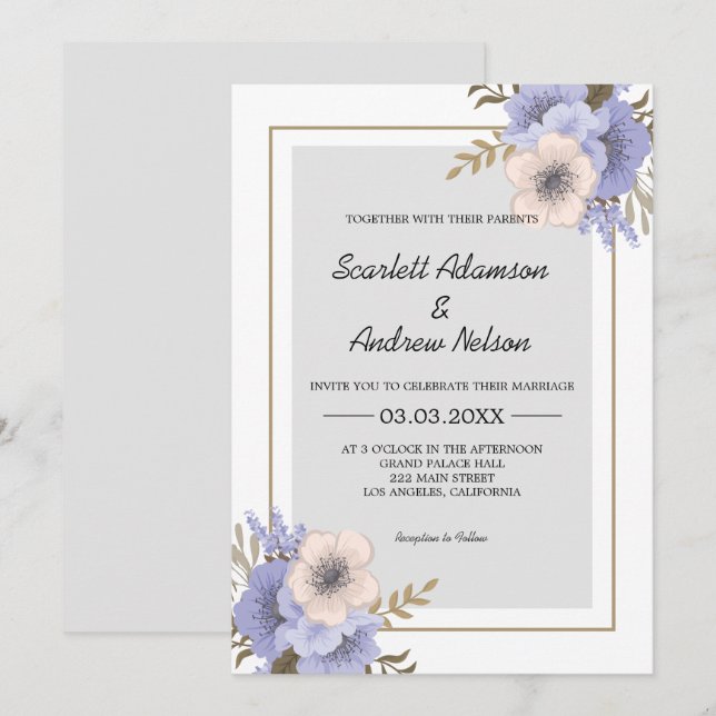 Lilac And Beige Flowers Wedding Invitation (Front/Back)