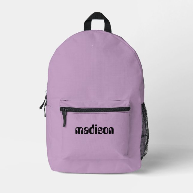 Lilac and Black Personalized Name  Printed Backpack (Front)