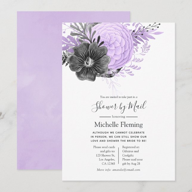 Lilac and Charcoal Baby or Bridal Shower by Mail Invitation (Front/Back)