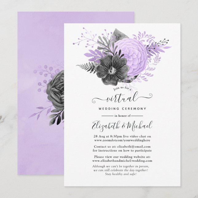 Lilac and Charcoal Floral Online Virtual Wedding Invitation (Front/Back)