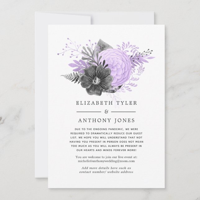 Lilac and Charcoal Floral Reduced Guest List Announcement (Front)