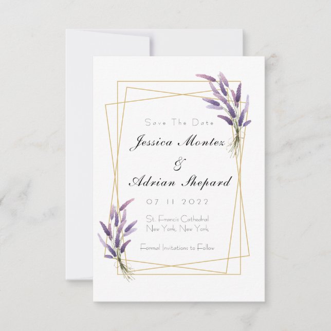 Lilac and gold save the dates invitation (Front)
