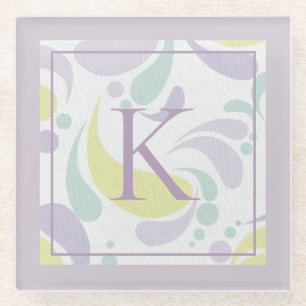 Lilac and Green Pastel Light Pattern Monogram Glass Coaster