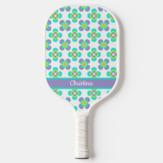 Lilac and Green retro floral pattern Pickleball Paddle (Front)