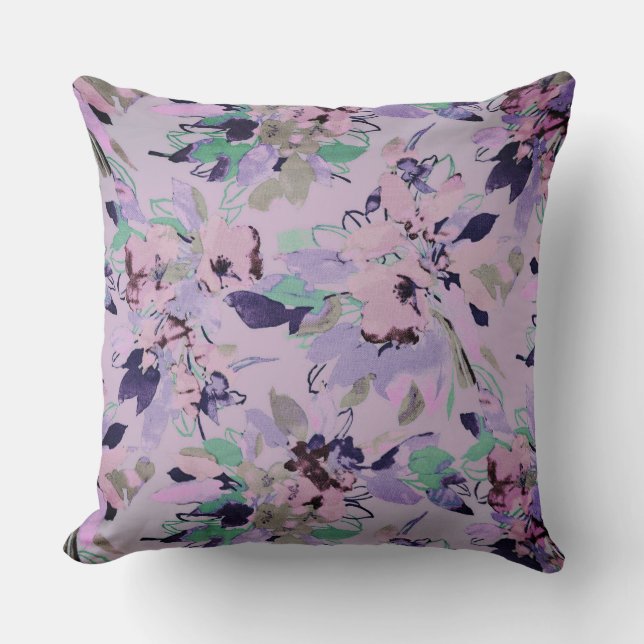 Lilac and Green Watercolor Floral Throw Pillow (Front)