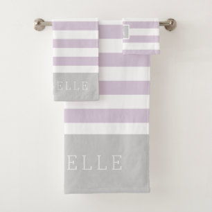 Lilac and Grey Stripes Monogram   Editable Colours Bath Towel Set