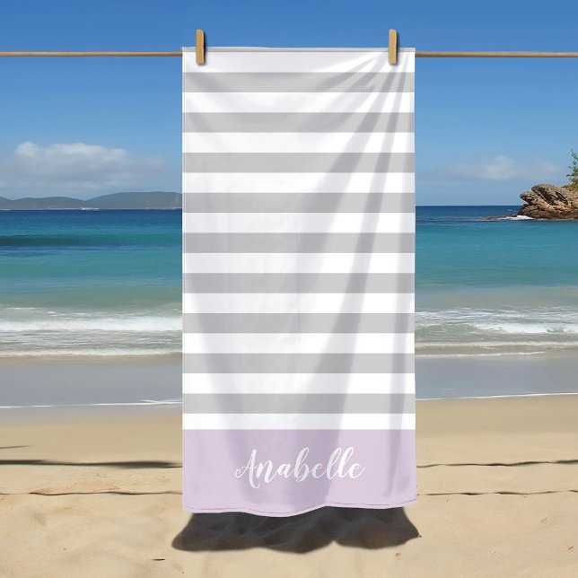Lilac and Grey Stripes Monogram | Editable Colours Beach Towel (Creator Uploaded)