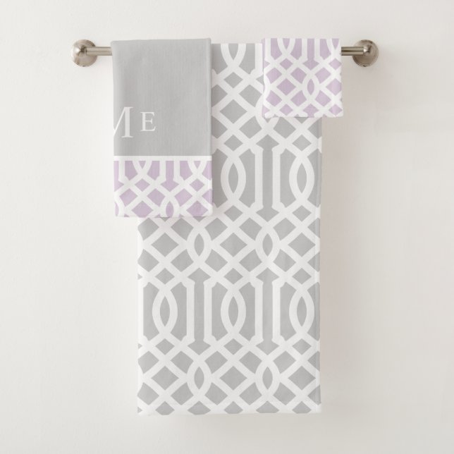 Lilac and Grey Trellis Monogram | Editable Colours Bath Towel Set (Insitu)
