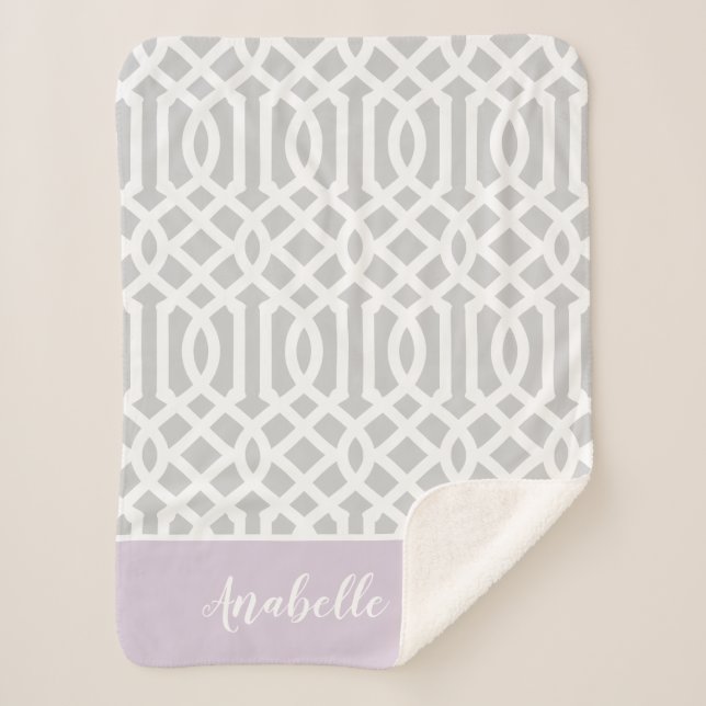 Lilac and Grey Trellis Monogram | Editable Colours Sherpa Blanket (Front)
