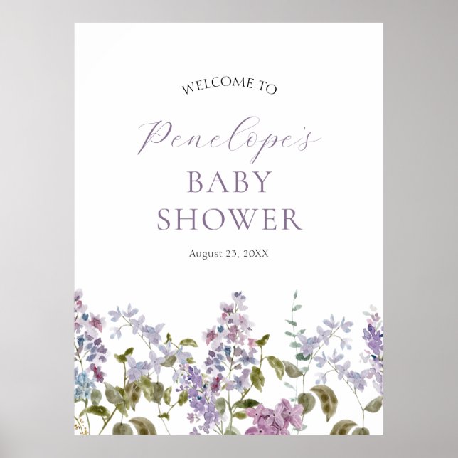 Lilac and Lavender Flowers Baby Shower Welcome Poster (Front)