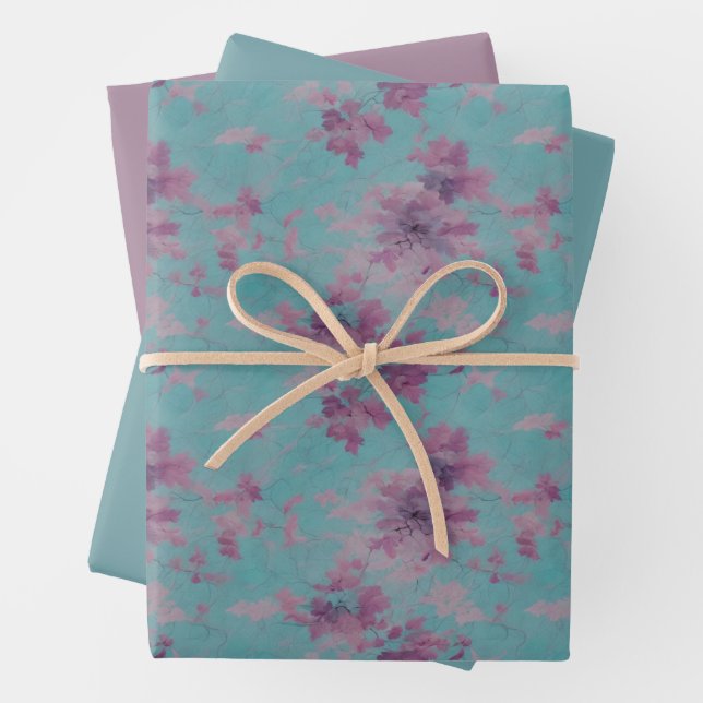 Lilac and Purple Flower Design on Blue Wrapping Paper Sheet (In situ)