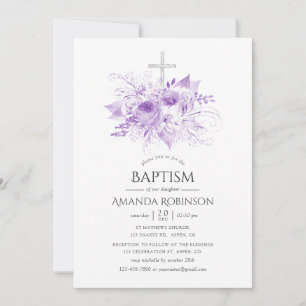 Lilac and Silver Floral Baptism or Christening Invitation