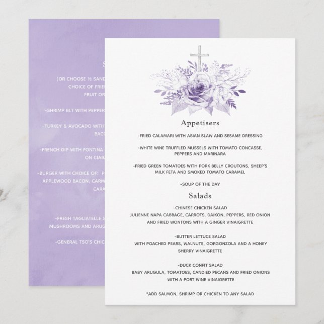 Lilac and Silver Floral Baptism or Christening Menu (Front/Back)