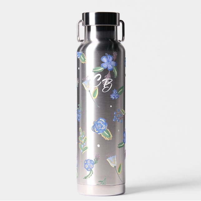 Lilac and Violet on Grey Hand-painted Water Bottle (Front)