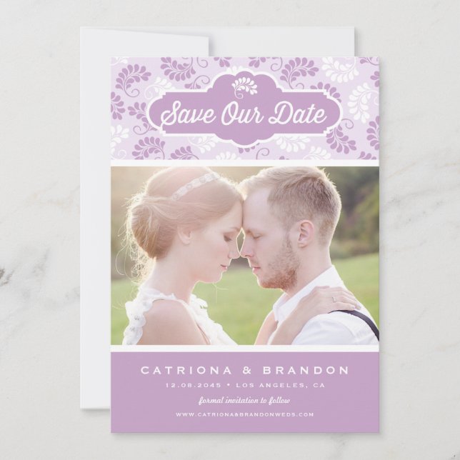 Lilac and White Floral Pattern Photo Save Our Date Invitation (Front)