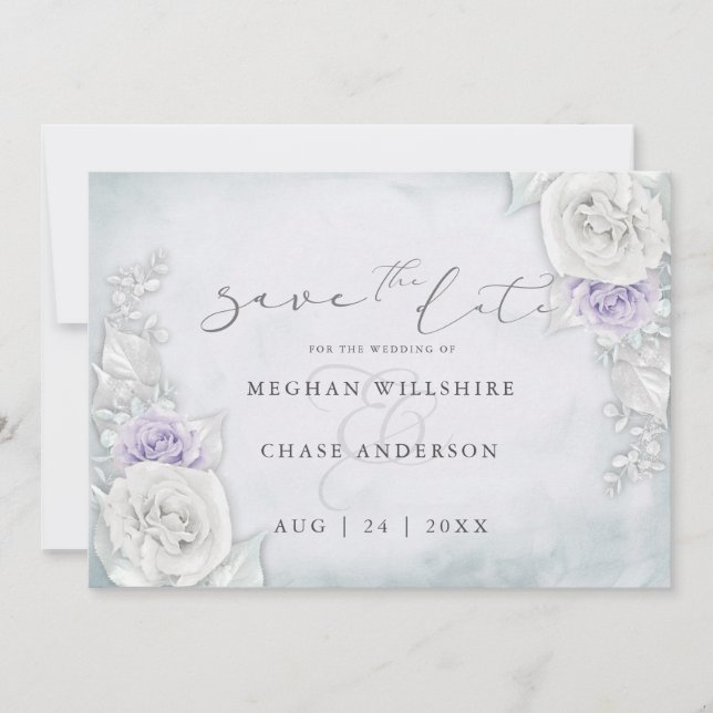 Lilac and White Shimmery Roses Save the Date (Front)