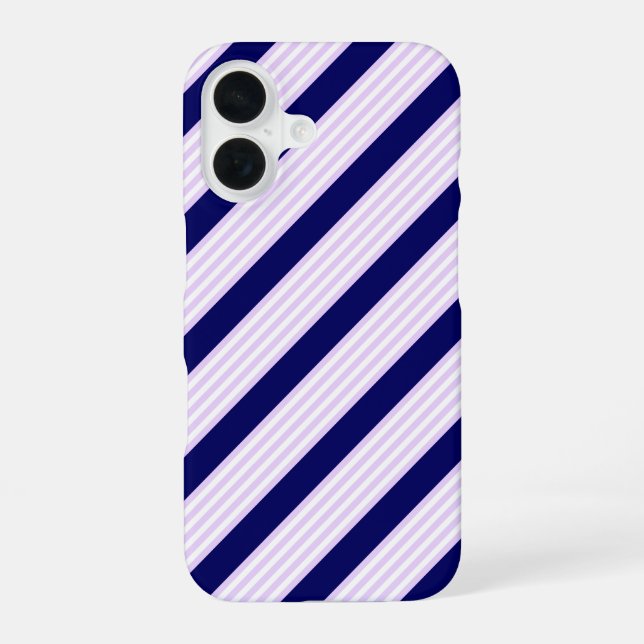 Lilac and white stripes pattern with navy blue iPhone 16 case (Back)