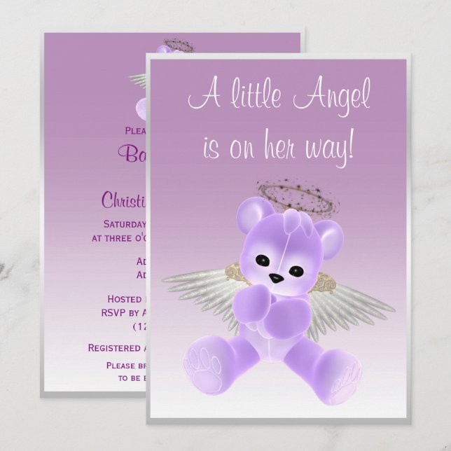 Lilac Angel Teddy Bear Baby Shower Invitation (Front/Back)