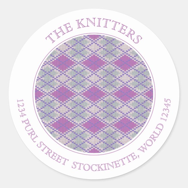 LILAC ARGYLE KNIT Large Round Address Labels  (Front)