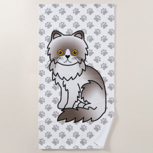 Lilac Bi-Colour Persian Cute Cartoon Cat & Paws Beach Towel