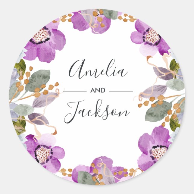 Lilac Blooms | Botanical Wedding Round Stickers (Front)