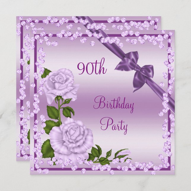 Lilac Blossom, Bows & Diamonds 90th Birthday Invitation (Front/Back)