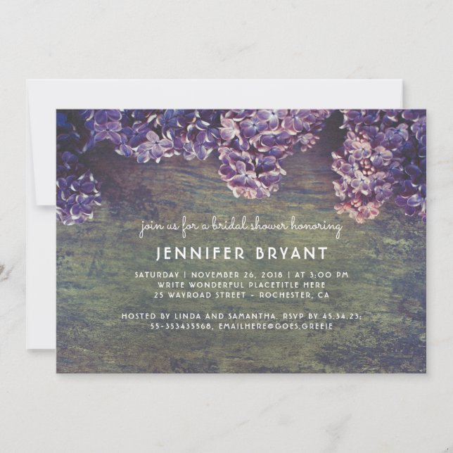 Lilac Blossoms Rustic Wood Spring Bridal Shower Invitation (Front)