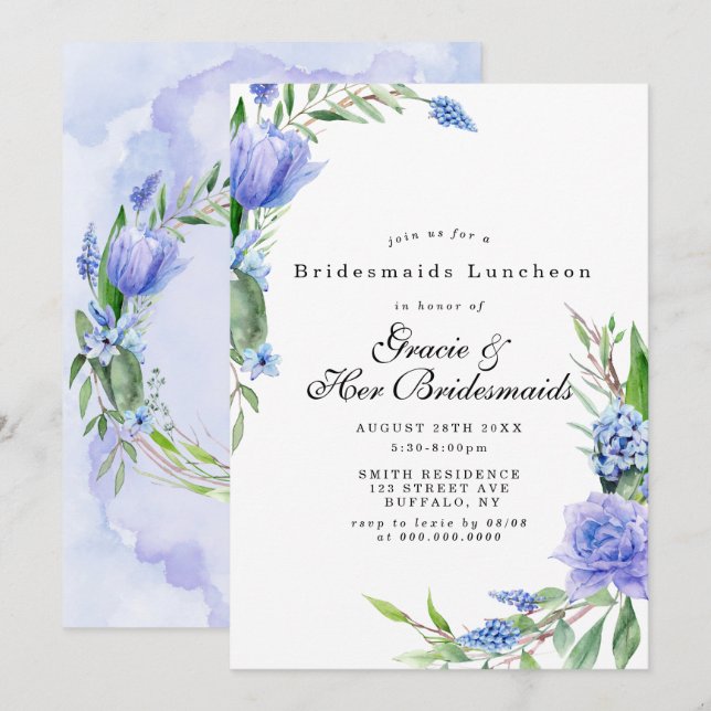 Lilac Blue Floral Bridesmaids Invitations de déjeu (Devant / Derrière)