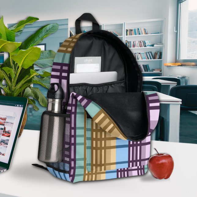 Lilac Blue Gold Green Plaid Pattern Printed Backpack (Creator Uploaded)