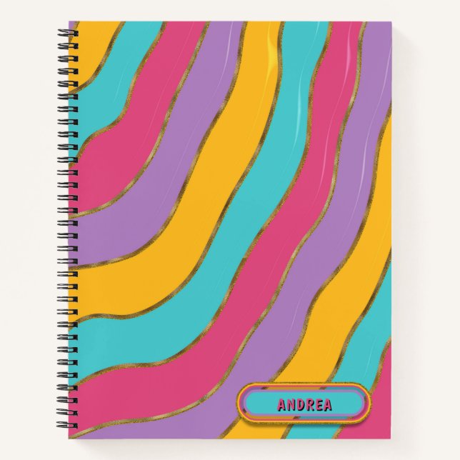 Lilac Blue Yellow Pink Groovy Gold Stripes Custom Notebook (Front)